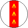 Argent, on a pale gules, three pheons inverted Or.
