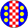 Azure, a pale checky gules and argent between six bezants in pale three and three.