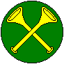 Vert, two straight trumpets in saltire, bells in chief, Or.